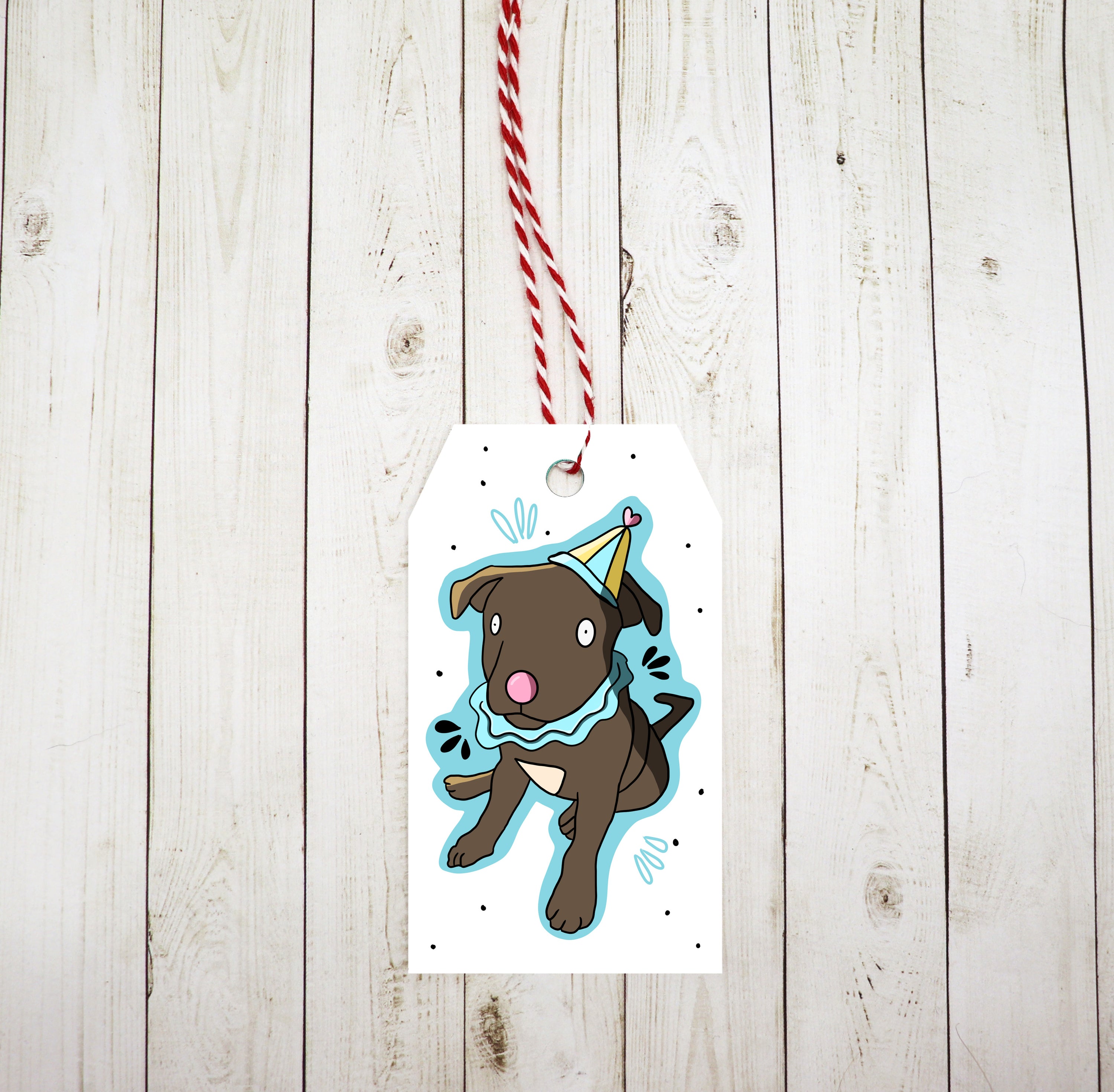 A set of 8 Dog Clown gift tags featuring a playful clown design, red and white twine, printed on heavy white cardstock.