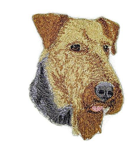Airedale Dog Face embroidery patch, 4x3.18 inches, showcasing intricate stitching and vibrant colors.