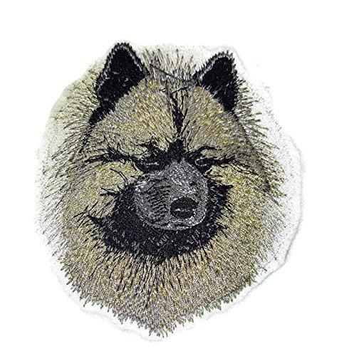 Keeshond dog face embroidery patch, 4x3.5 inches, showcasing detailed stitching and vibrant colors.