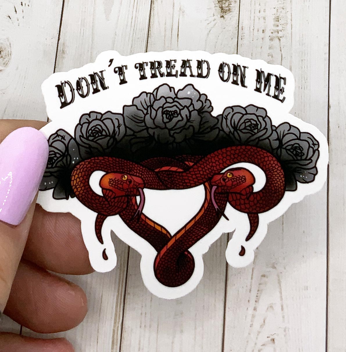 Don't Tread on Me Vinyl Sticker featuring a bold design on matte vinyl, ideal for personalizing various items.