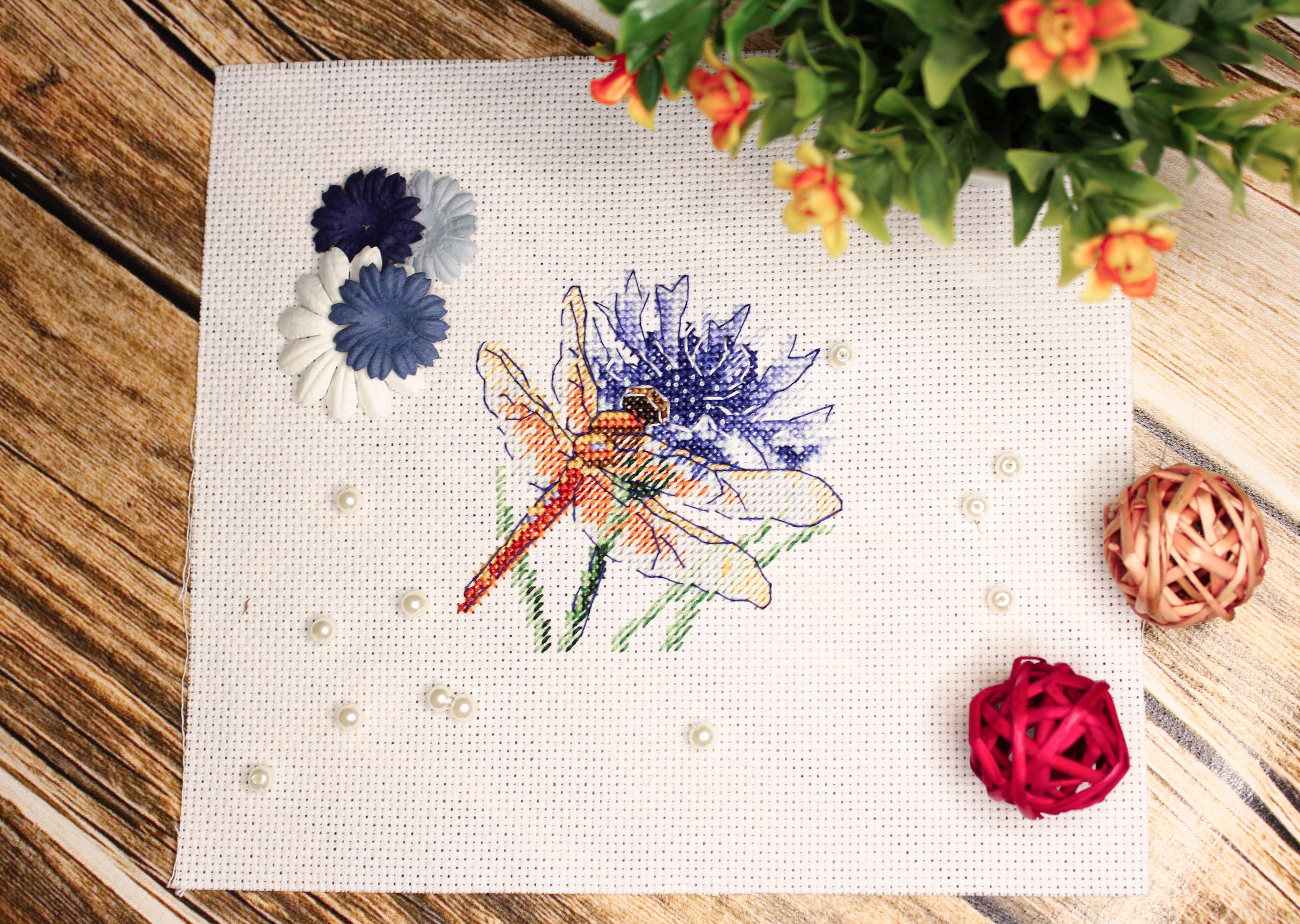 Dragonfly and Cornflower SM-619 Counted Cross Stitch Kit with Aida canvas, colorful threads, and needle.