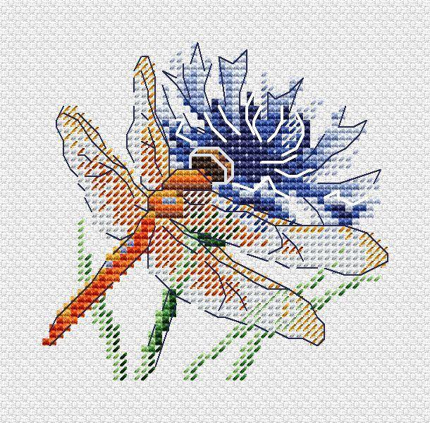 Dragonfly and Cornflower SM-619 Counted Cross Stitch Kit with Aida canvas, colorful threads, and needle.