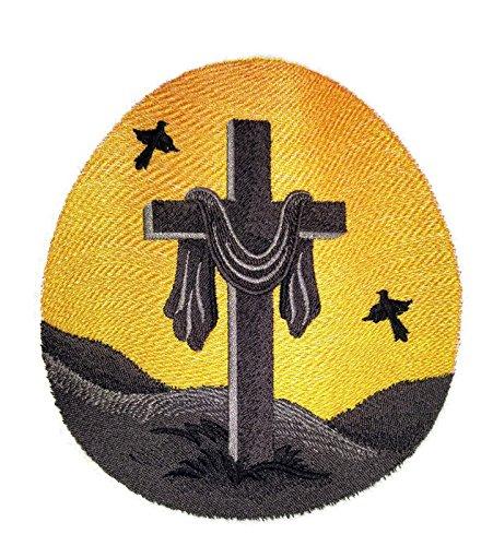 Draped Cross Silhouette Embroidery Iron On/Sew Patch, featuring intricate embroidery on a cotton base, measuring 6.39" x 5.85".