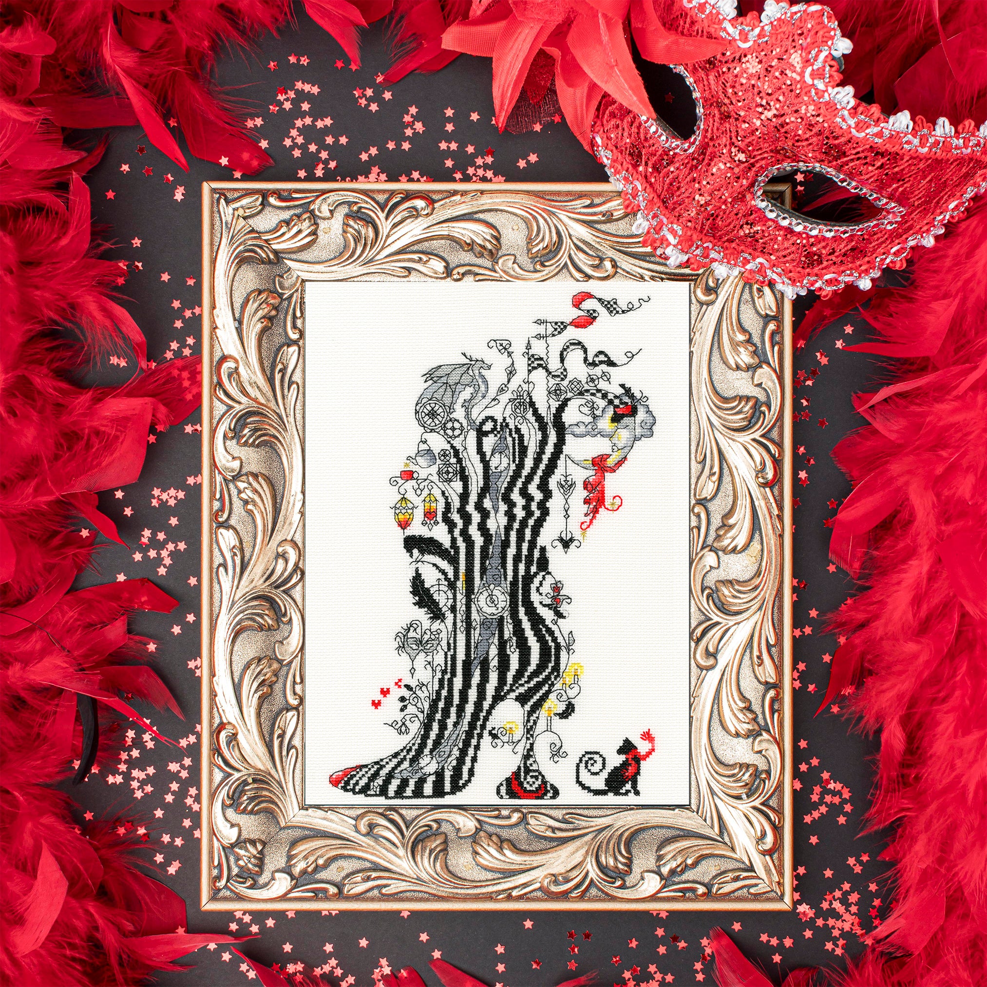 Dream XSK8 Counted Cross Stitch Kit featuring white Aida fabric, colorful threads, and stitching tools.