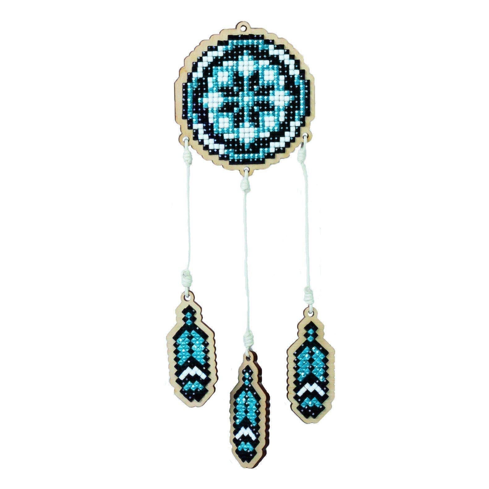 Dreamcatcher Blue CSW201 Diamond Painting Kit with colorful rhinestones and plywood base.