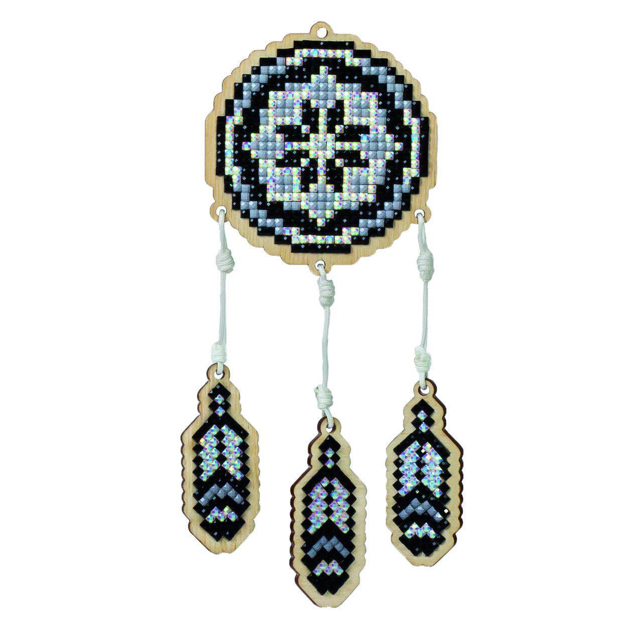 Dreamcatcher Grey CSW200 Diamond Painting Kit featuring a plywood base, colorful acrylic rhinestones, and crafting tools.