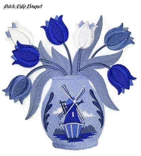 A vibrant Dutch Tulip Bouquet embroidered patch, showcasing intricate floral designs in rich colors, perfect for iron-on or sewing applications.