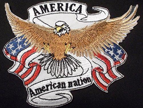 Eagle with American Banner embroidered patch, showcasing vibrant colors and intricate details, ideal for iron-on or sewing applications.