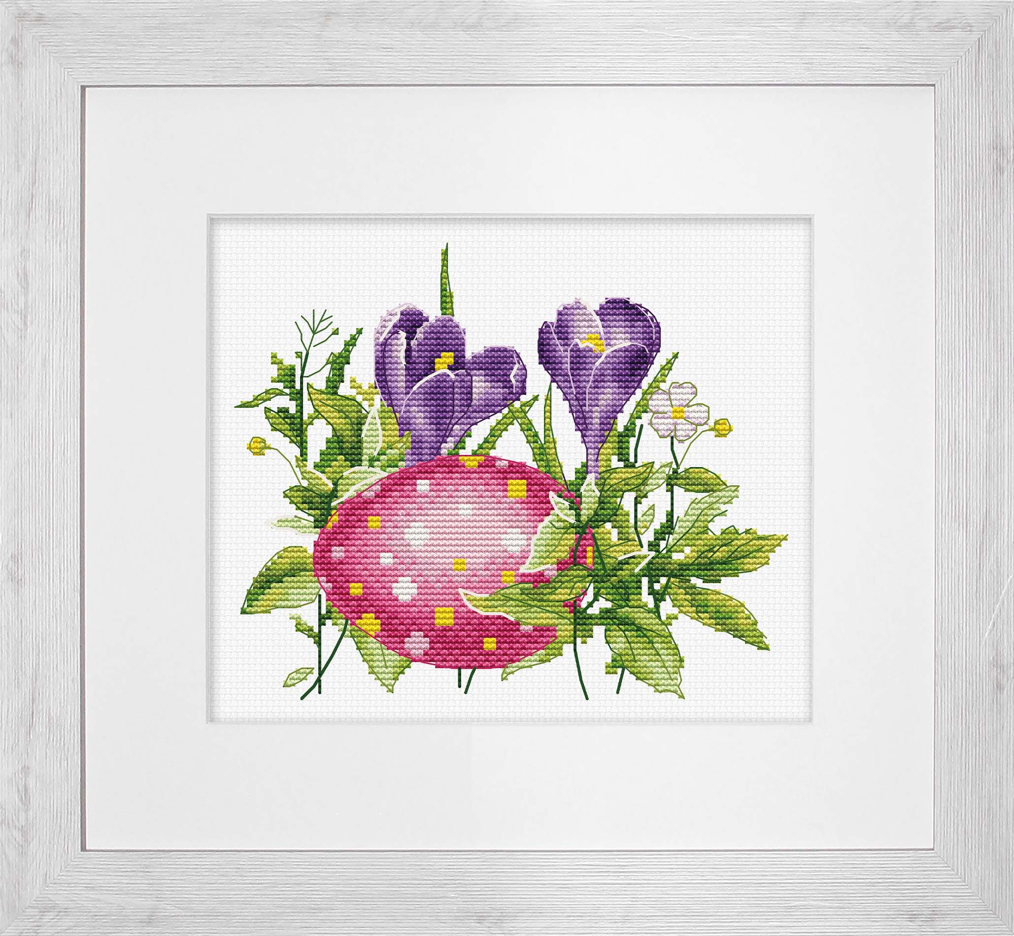 Easter Egg B1405L Counted Cross-Stitch Kit featuring colorful threads, Aida canvas, and needle for crafting.