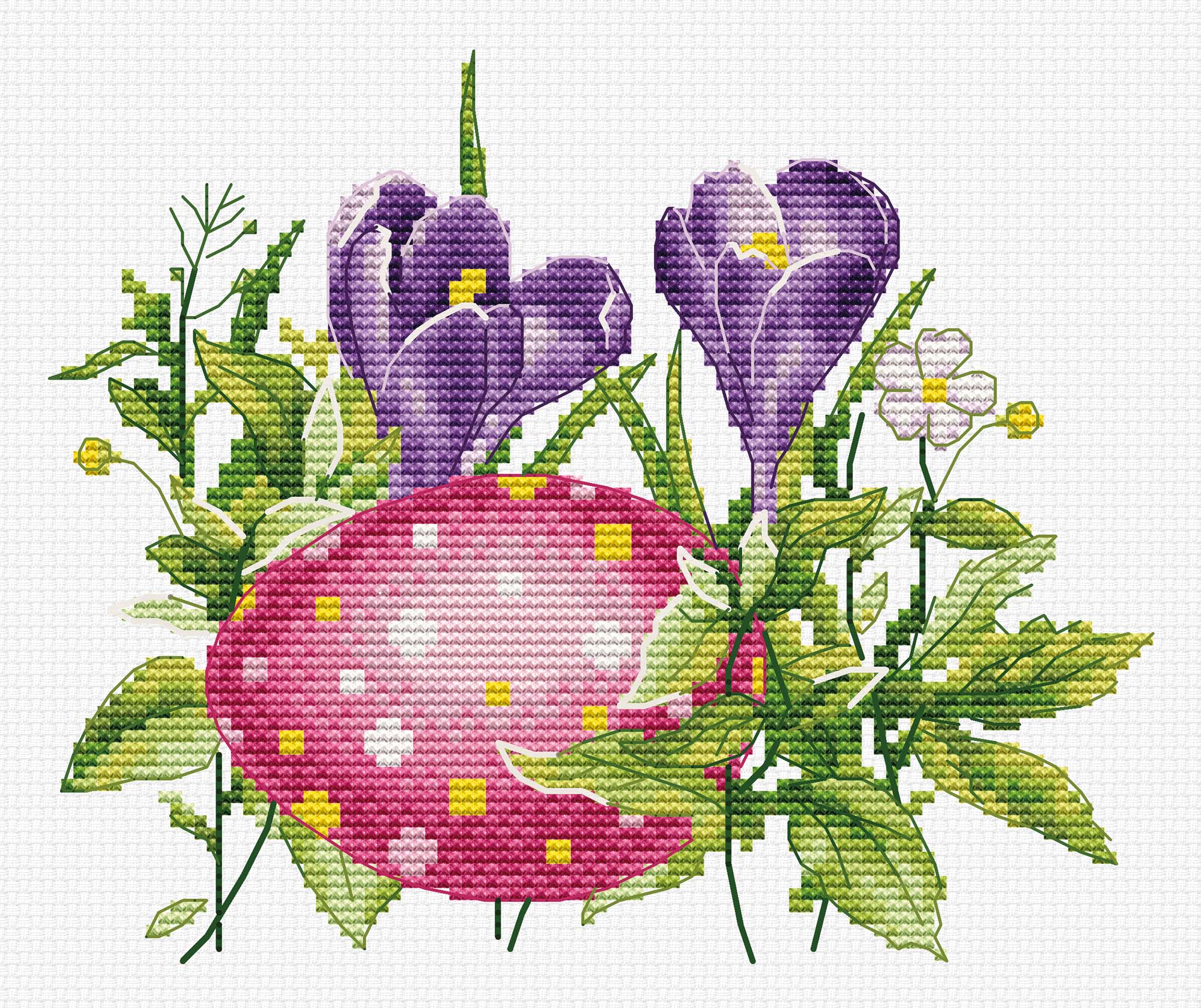 Easter Egg B1405L Counted Cross-Stitch Kit featuring colorful threads, Aida canvas, and needle for crafting.
