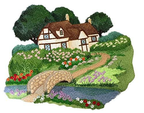 An embroidered patch featuring a picturesque English cottage garden scene, showcasing vibrant colors and intricate details.