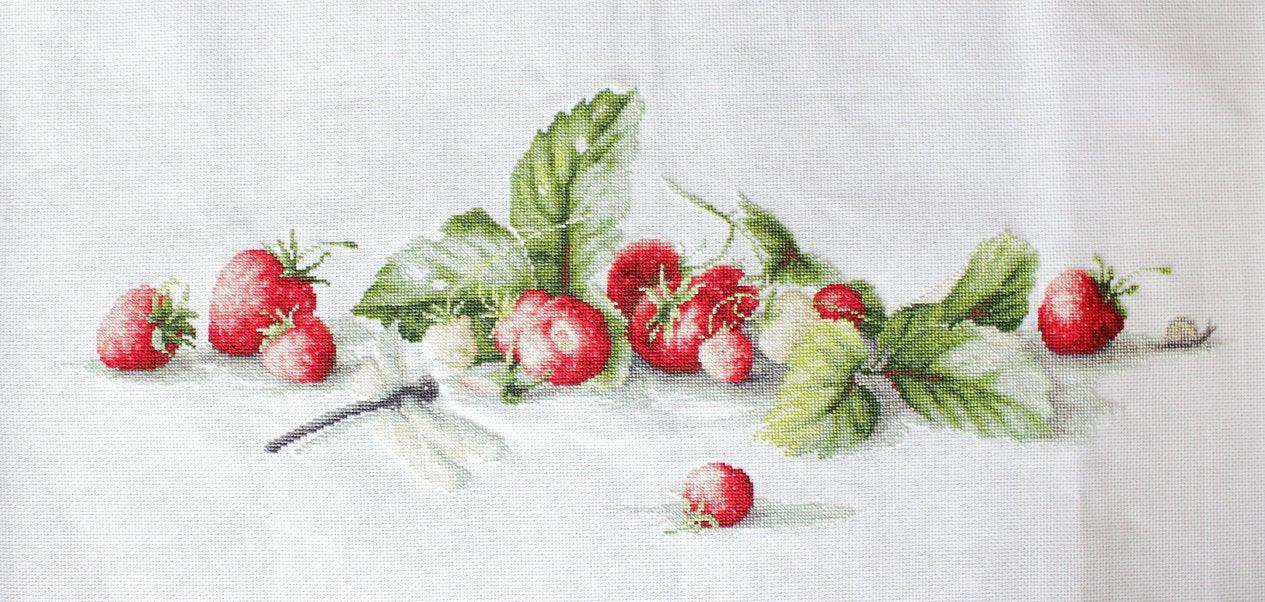 Etude with Strawberries B2254L Counted Cross-Stitch Kit featuring Aida canvas, colorful threads, and needle.