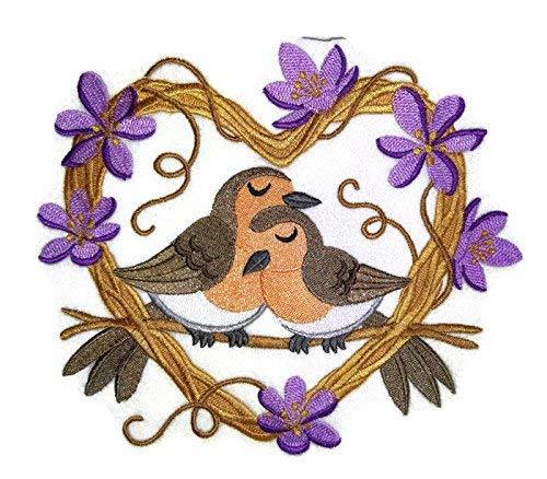 European Robin Love Nest embroidered patch, featuring vibrant colors and intricate details, measuring 6.6 inches by 7.8 inches.