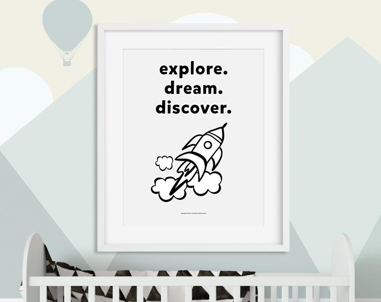 A colorful and inspiring print titled 'Explore Dream Discover', perfect for children's rooms, featuring whimsical designs that encourage imagination.