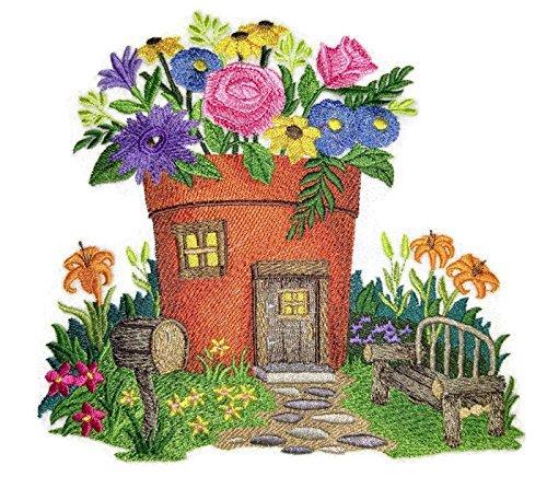 Fairy Garden House embroidered patch with vibrant colors and intricate design, measuring 7.46 inches by 6.92 inches, suitable for iron-on or sewing applications.
