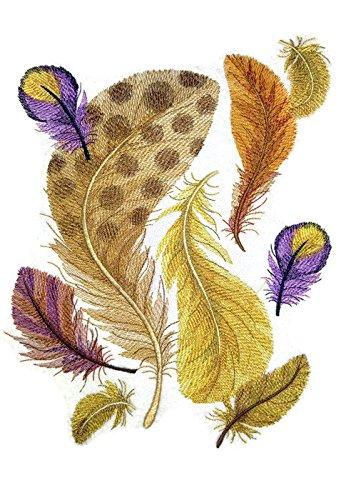 Fancy Feathers Collage embroidered patch featuring vibrant feather designs on a cotton base, suitable for iron-on or sewing applications.