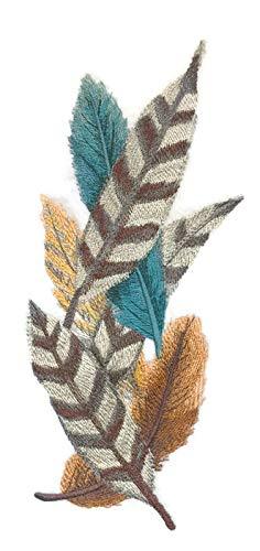 Fancy Feathers Spray embroidered patch on a white background, showcasing intricate feather designs in vibrant colors.