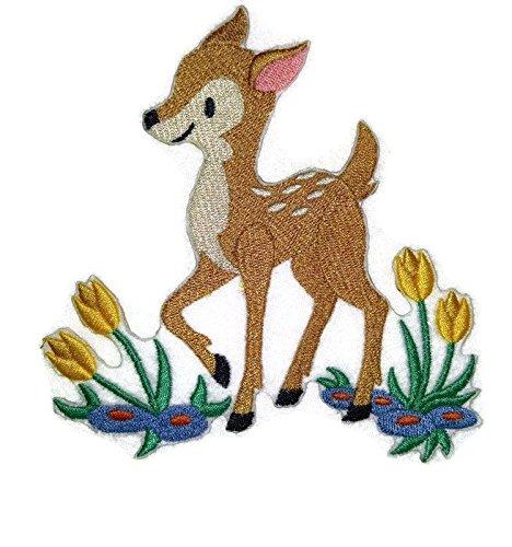 Embroidered patch featuring a fawn frolicking in colorful flowers, ideal for sewing or ironing onto garments.