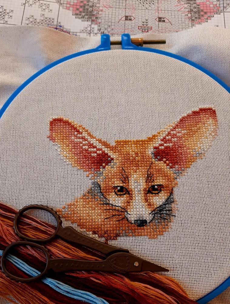 Fennec Fox Family SM-509 Counted Cross Stitch Kit with colorful threads and AIDA canvas.