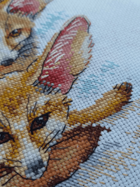 Fennec Fox Family SM-509 Counted Cross Stitch Kit with colorful threads and AIDA canvas.