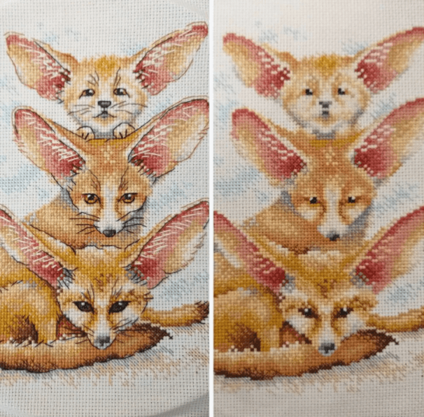 Fennec Fox Family SM-509 Counted Cross Stitch Kit with colorful threads and AIDA canvas.