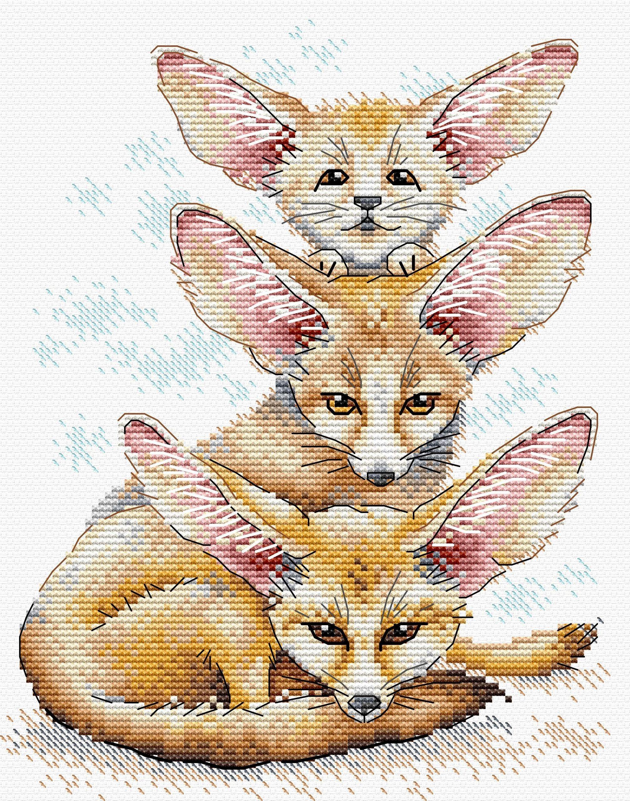 Fennec Fox Family SM-509 Counted Cross Stitch Kit with colorful threads and AIDA canvas.