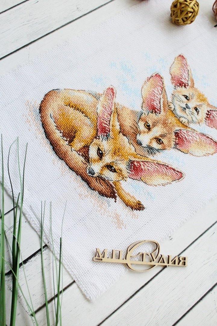 Fennec Fox Family SM-509 Counted Cross Stitch Kit with colorful threads and AIDA canvas.