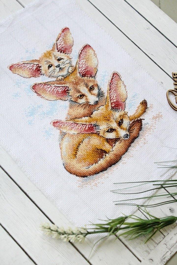 Fennec Fox Family SM-509 Counted Cross Stitch Kit with colorful threads and AIDA canvas.