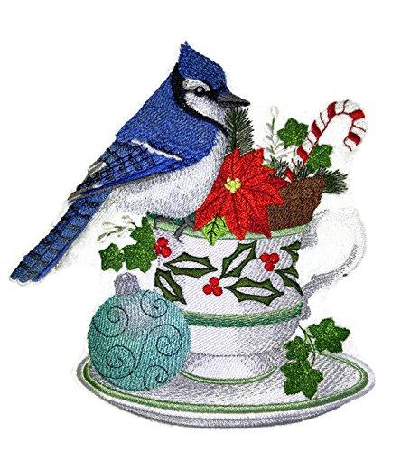 Festival Blue Jay and Christmas Tea embroidered patch featuring a Blue Jay and a cup of tea, ideal for iron-on or sewing applications.