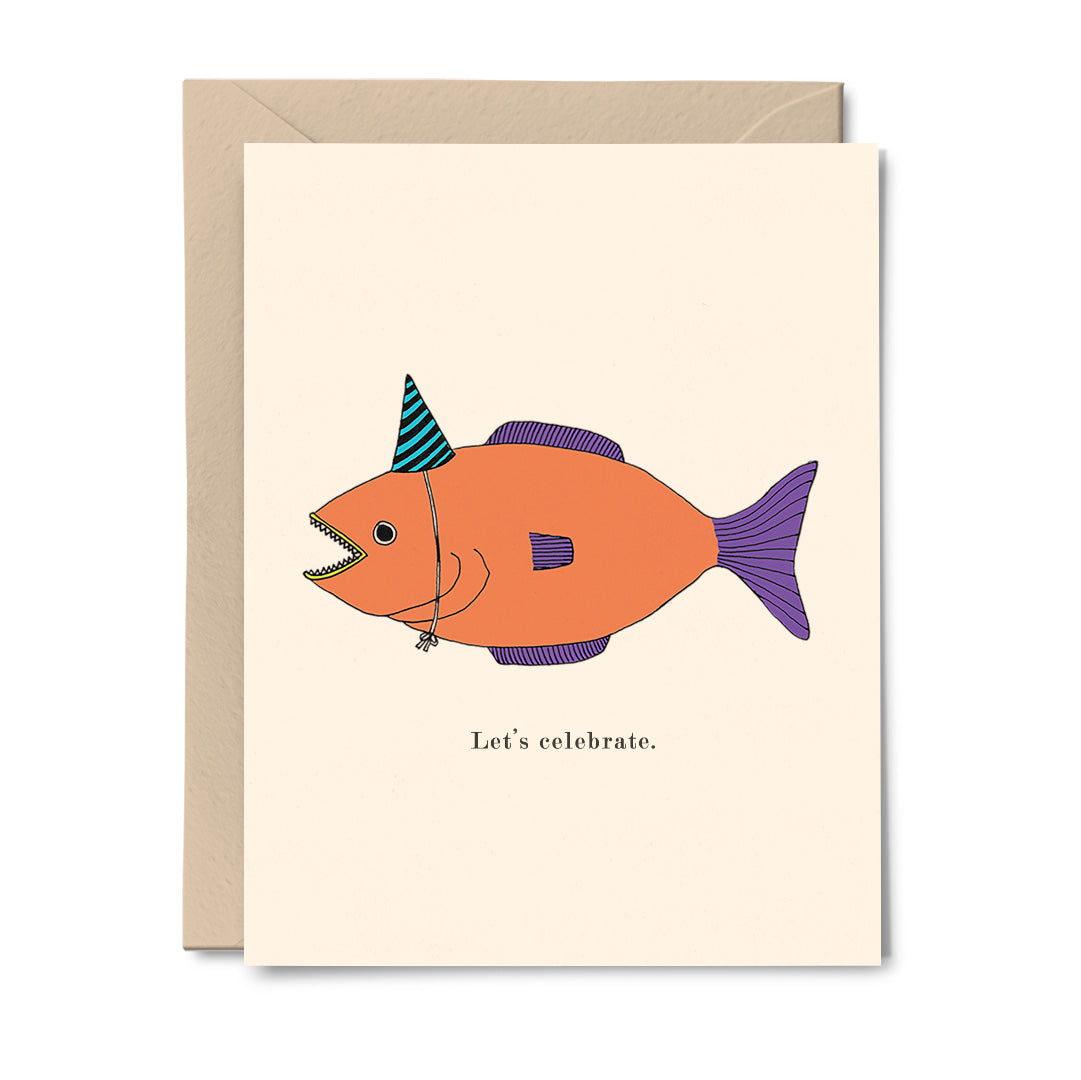 A colorful greeting card featuring a fish wearing a party hat, with the text 'Let's celebrate' at the bottom.