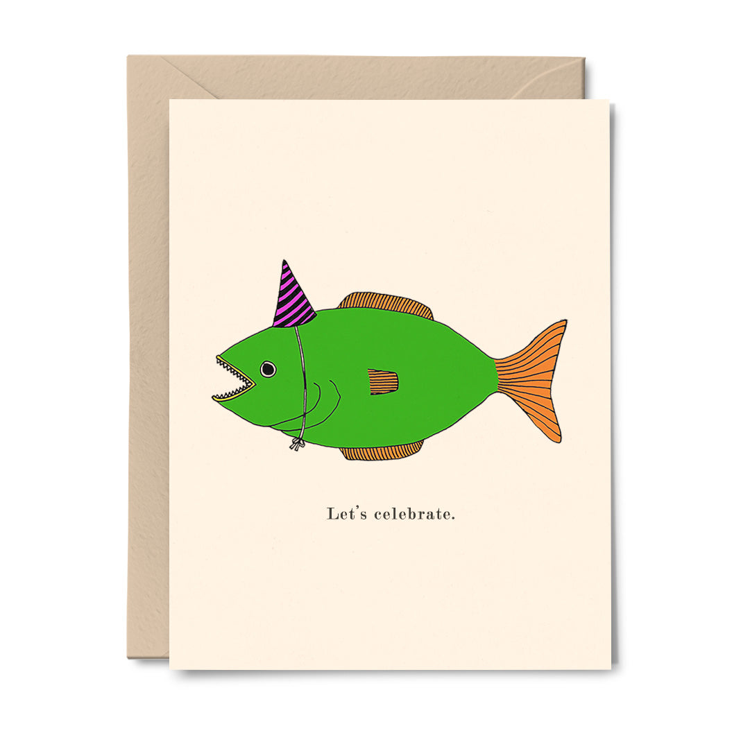 A colorful greeting card featuring a fish wearing a party hat, with the text 'Let's celebrate' at the bottom.