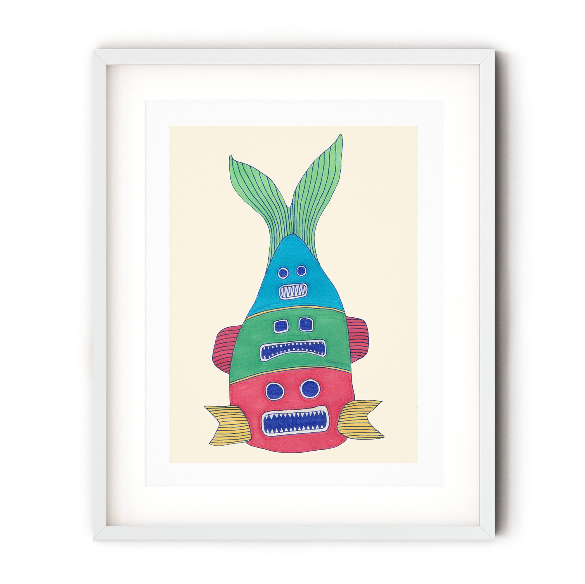 Fish Totem #1 print featuring colorful fish motifs in a playful illustrated design.