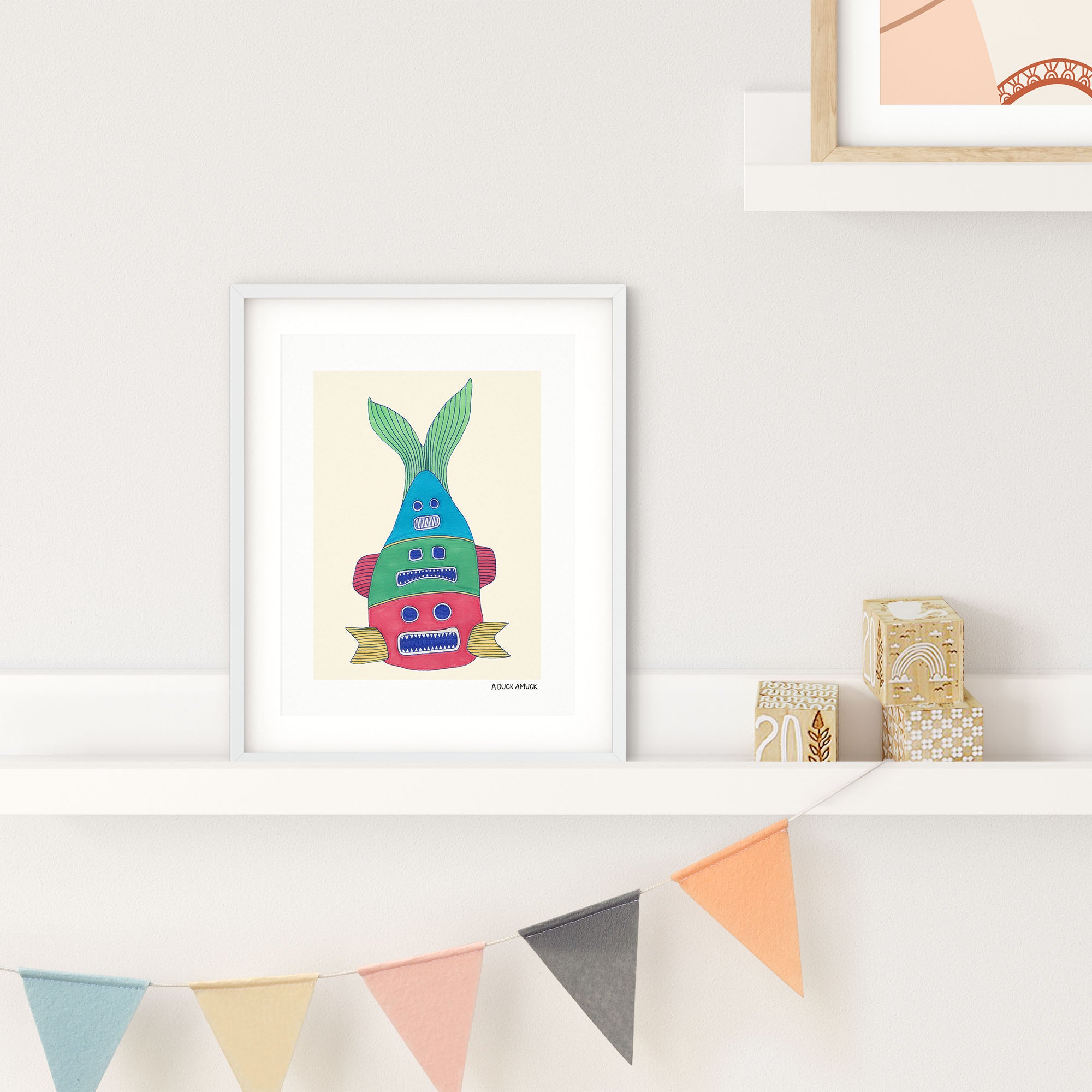 Fish Totem #1 print featuring colorful fish motifs in a playful illustrated design.