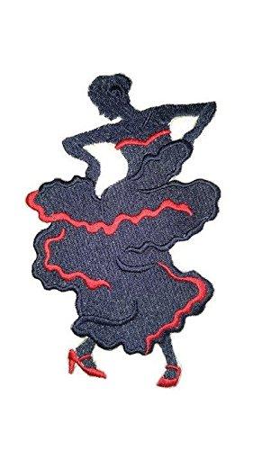 Flamenco Silhouette embroidered patch on a fabric background, showcasing intricate design and vibrant colors.