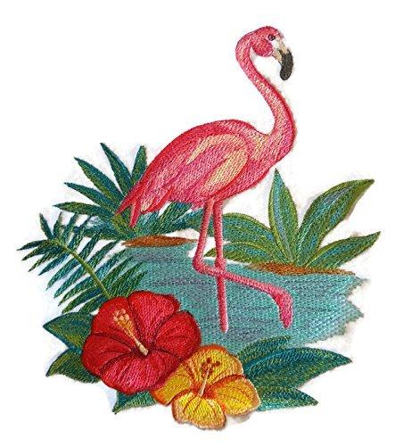 A vibrant embroidered patch featuring a flamingo and hibiscus flowers in watercolor style, perfect for iron-on or sewing applications.