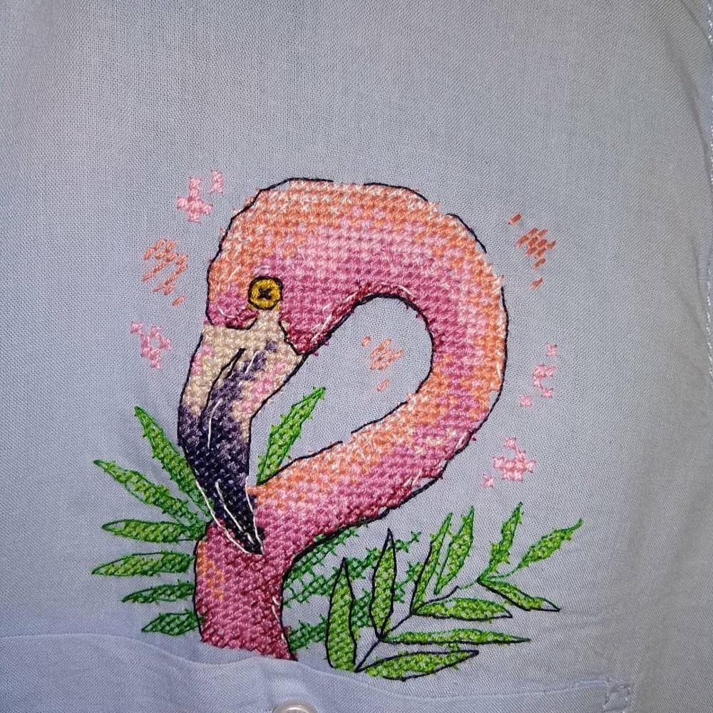 Flamingo Cross Stitch kit B-248 with water soluble canvas, threads, and needle for DIY clothing decoration.