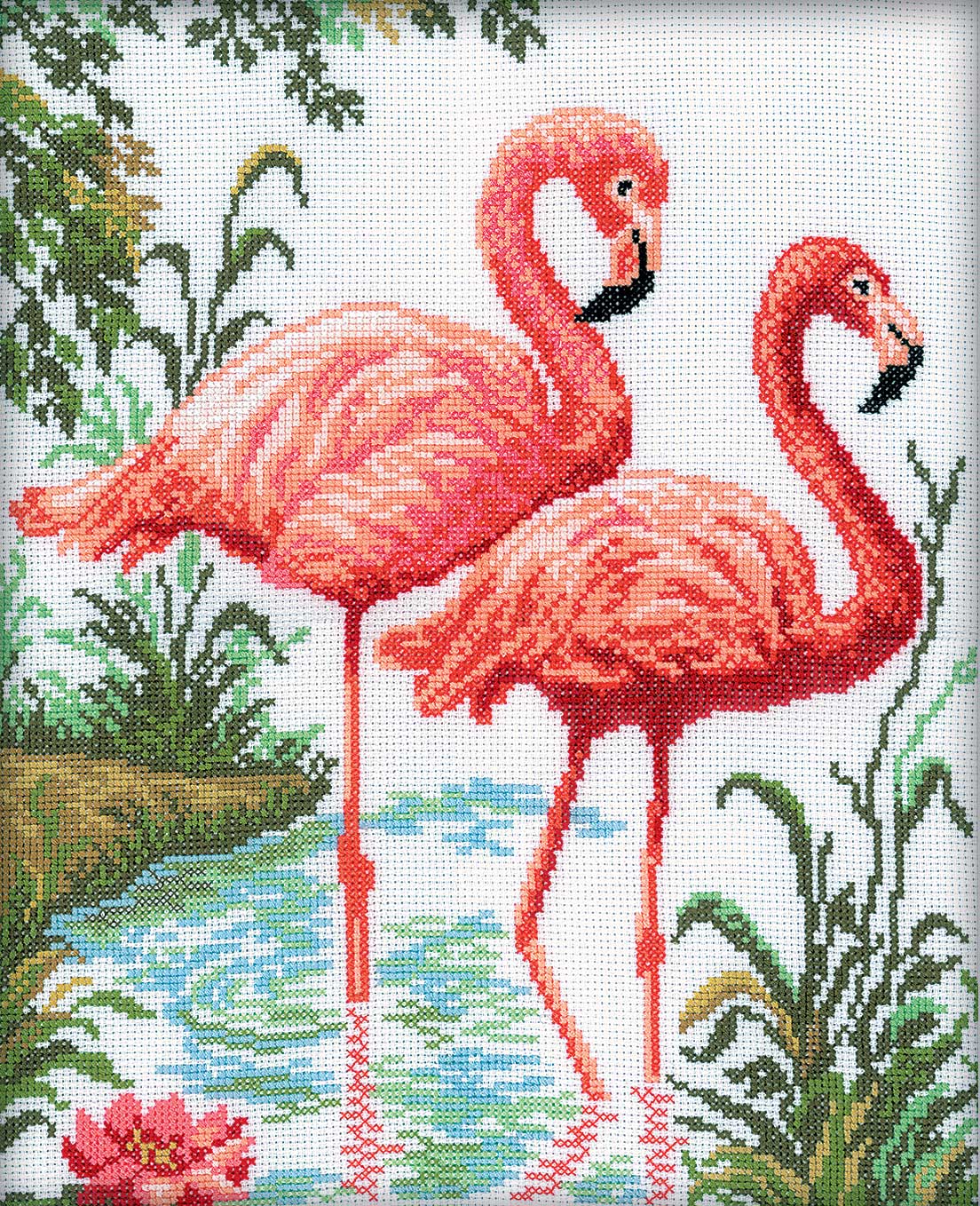 Flamingo M106 Counted Cross Stitch Kit featuring Aida fabric, DMC threads, and included accessories.