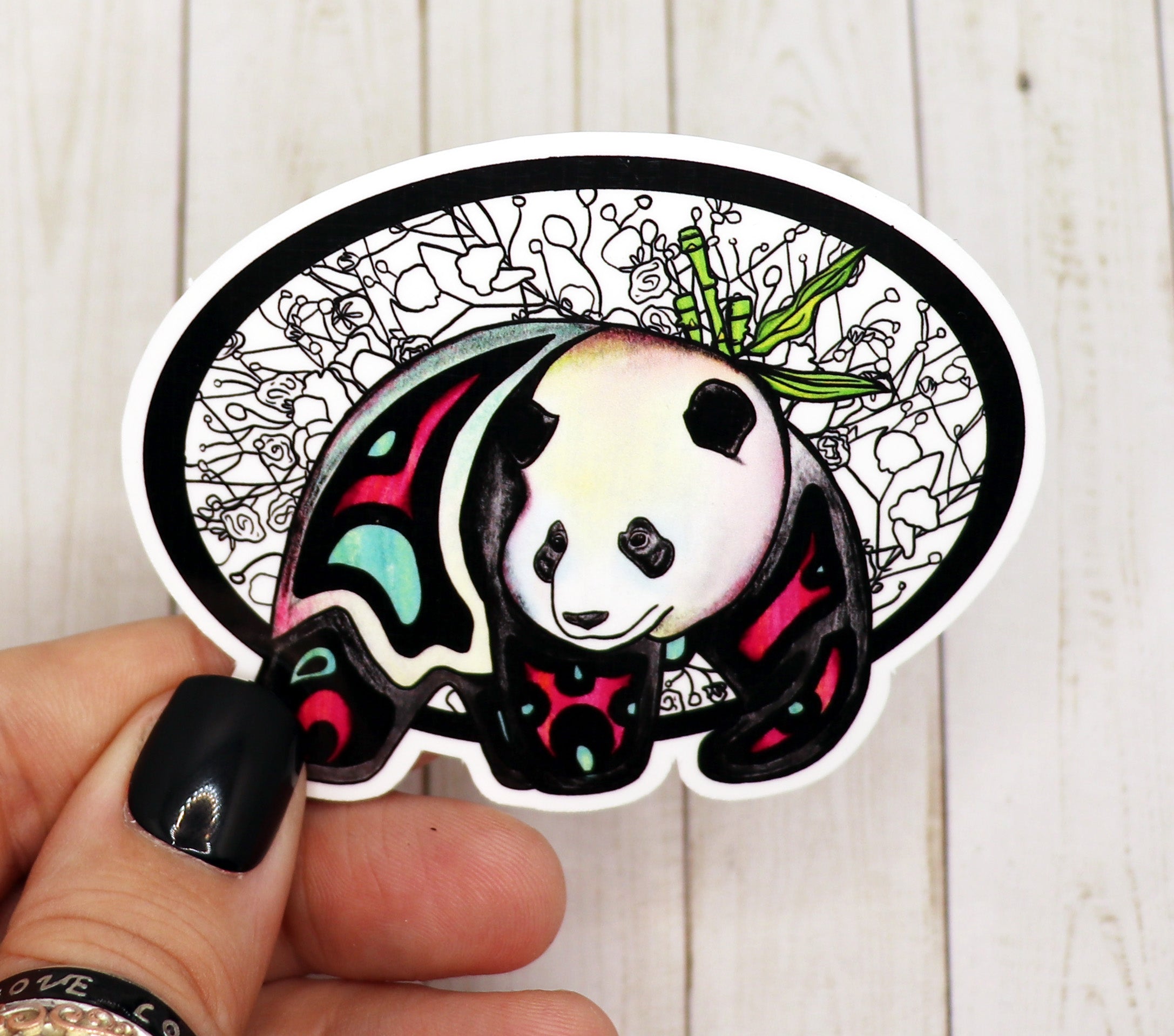 Floral Panda Bear Sticker on a white background, showcasing its vibrant colors and intricate design.