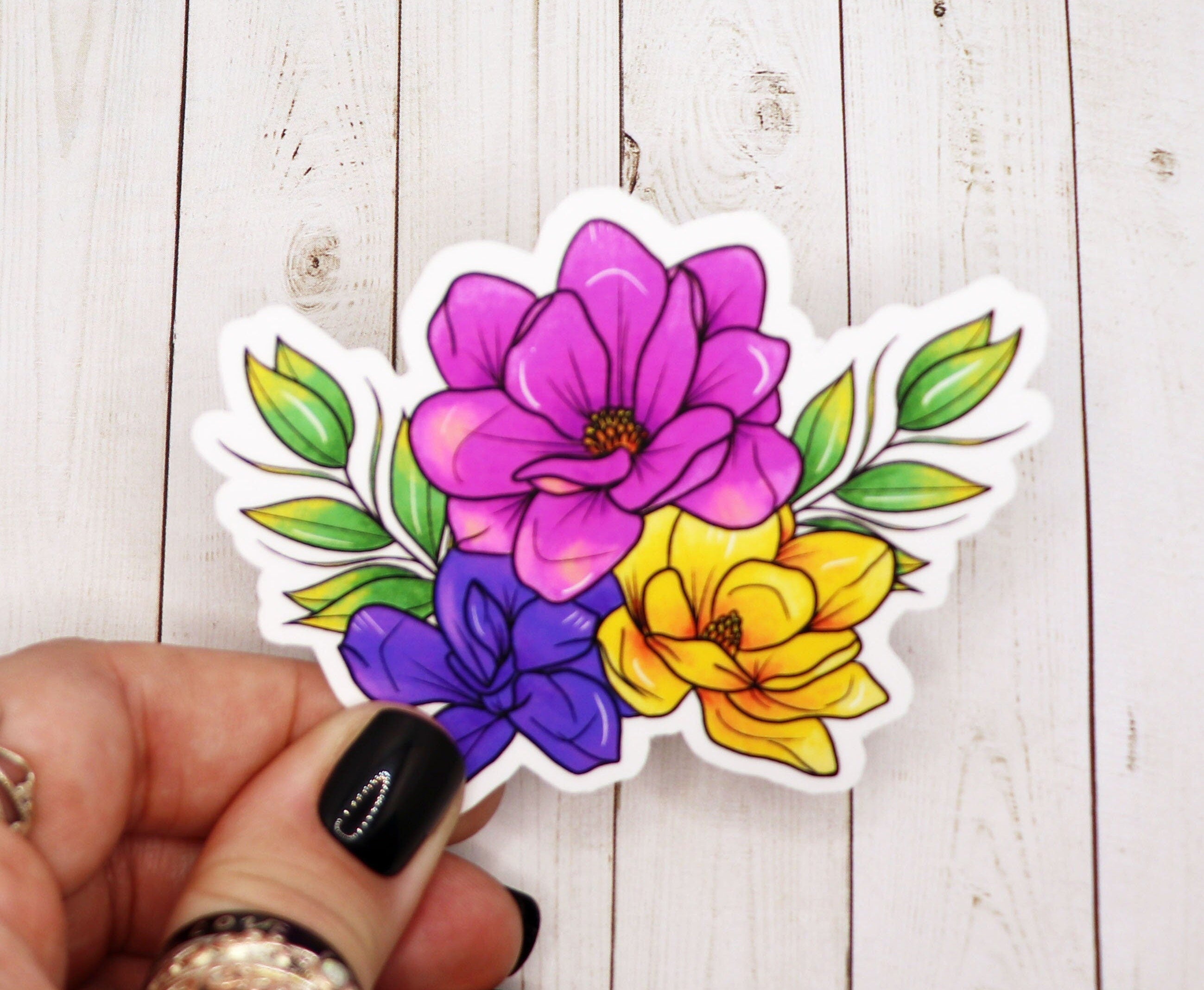 A vibrant flower botanical illustration sticker on a white background, showcasing intricate floral designs.