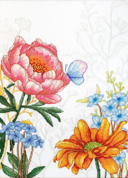 Flowers and Butterfly BU4019L Counted Cross-Stitch Kit featuring pink peonies, orange chamomiles, and blue daisies on Aida canvas.