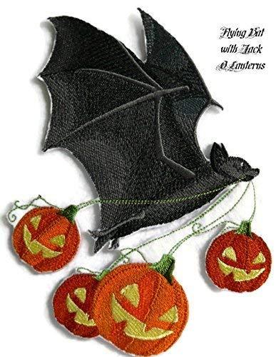 Flying Bat embroidered patch featuring Jack O Lanterns, perfect for Halloween costumes and decorations.