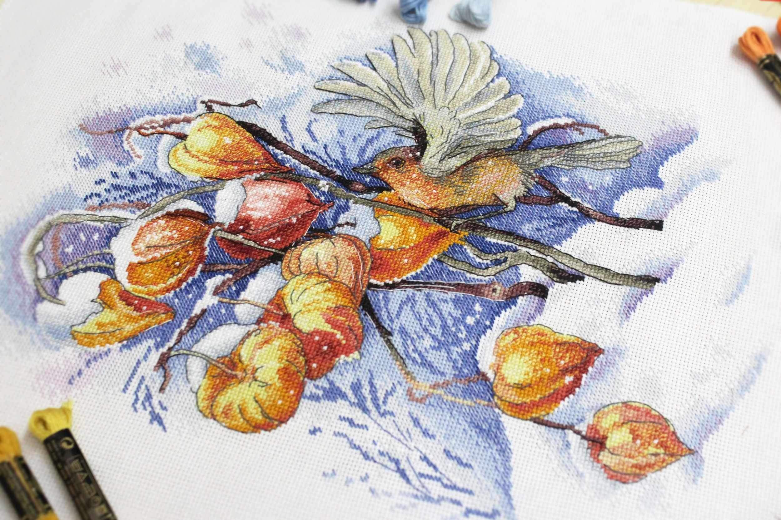 Flying Bird SNV-659 Counted Cross Stitch Kit featuring AIDA canvas, colorful threads, and a needle for crafting.