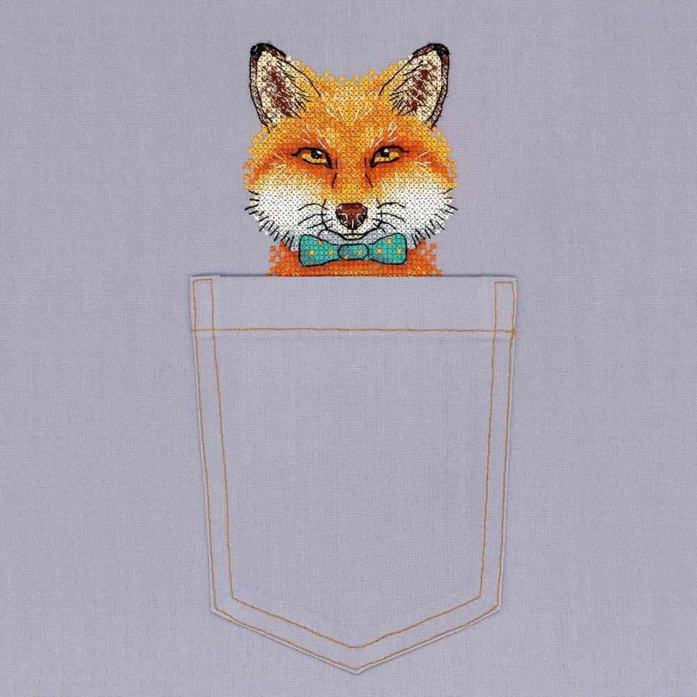 Fox Cross Stitch kit B-242 featuring water-soluble canvas, colorful threads, and stitching supplies for personalized clothing designs.