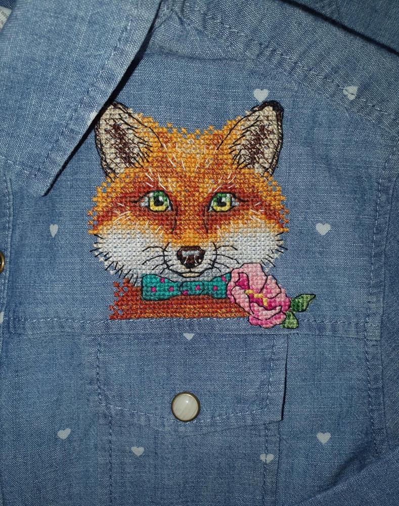 Fox Cross Stitch kit B-242 featuring water-soluble canvas, colorful threads, and stitching supplies for personalized clothing designs.