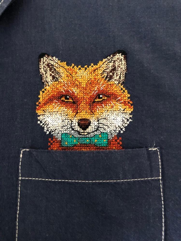 Fox Cross Stitch kit B-242 featuring water-soluble canvas, colorful threads, and stitching supplies for personalized clothing designs.