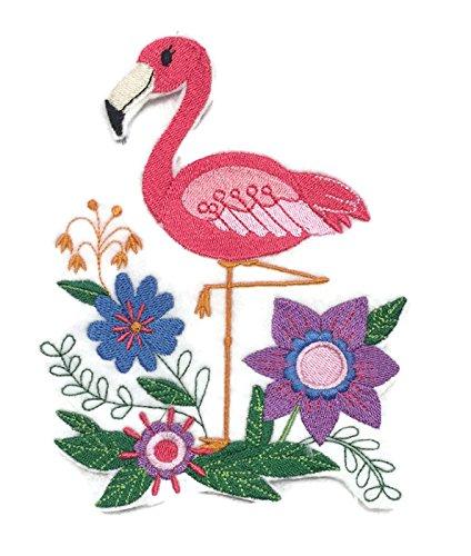 Francis the Flamingo embroidered patch, colorful design on a cotton base, ideal for iron-on or sewing applications.
