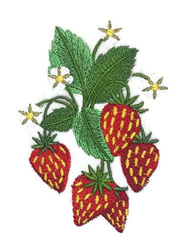 Strawberry embroidered iron on patch, 4.4x3 inches, showcasing vibrant colors and intricate stitching.