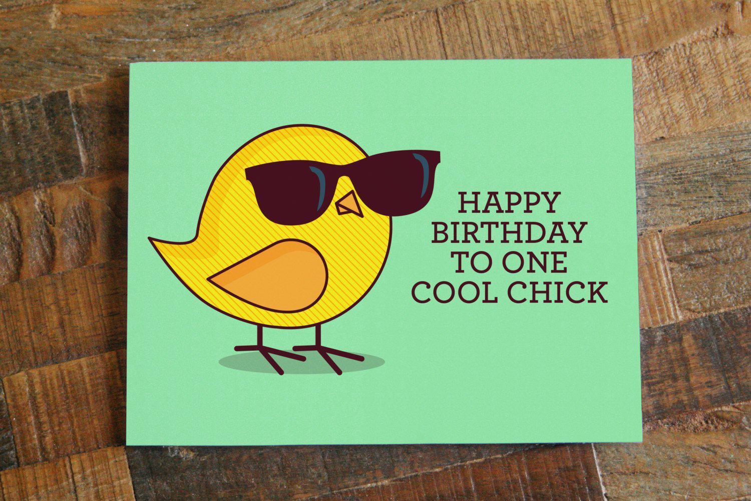 Funny birthday card for her featuring a playful design with the text 'Happy Birthday to One Cool Chick' and a matching white envelope.