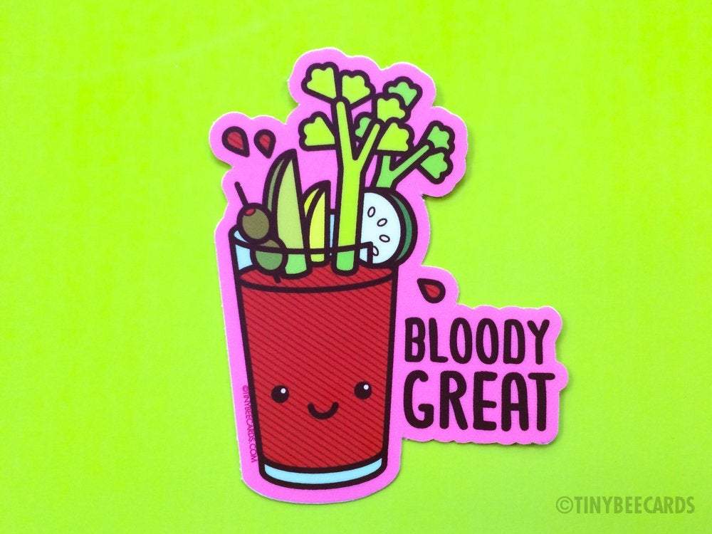 Funny Bloody Mary Cocktail Vinyl Sticker featuring a kawaii design with a happy drink and pun text on a pink background.