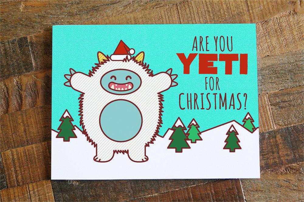 Funny Christmas Card featuring a cute yeti design with the text 'Are you Yeti for Christmas?'